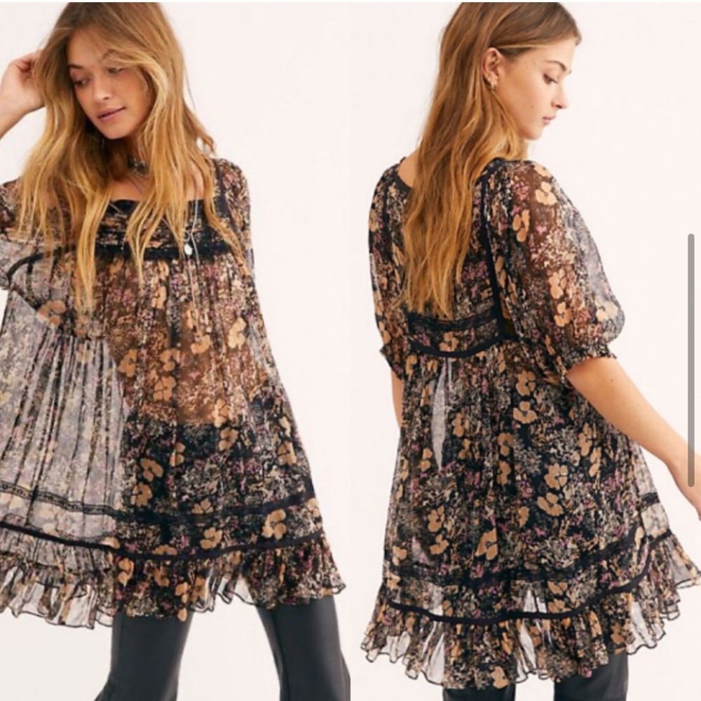 Free People More Than A Feeling Chiffon Tunic Mini Dress L NWT